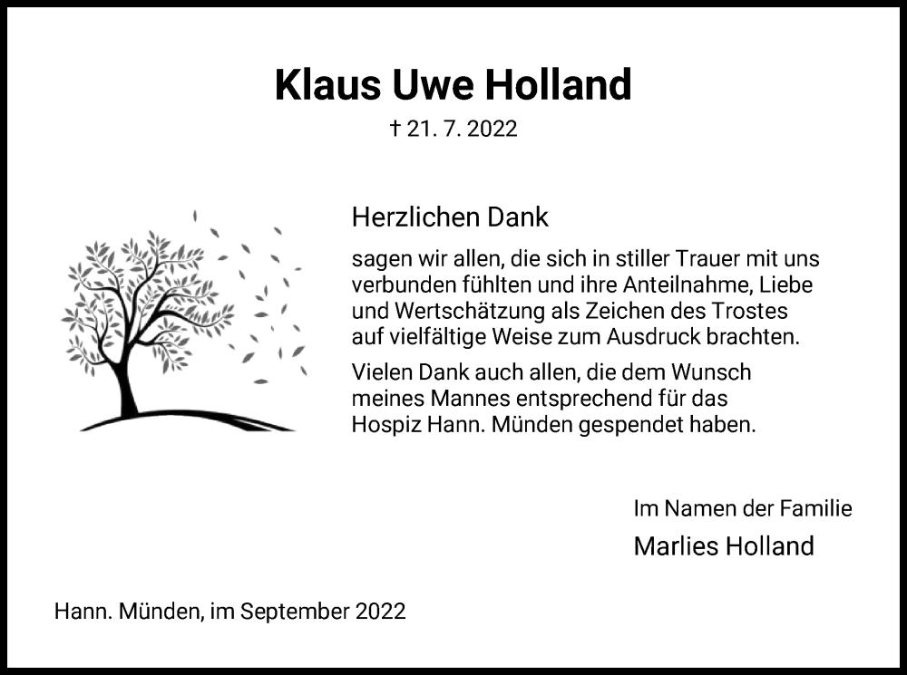  Traueranzeige für Klaus Uwe Holland vom 10.09.2022 aus HNA