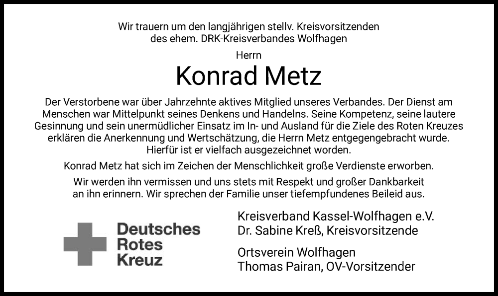  Traueranzeige für Konrad Metz vom 16.09.2022 aus HNA