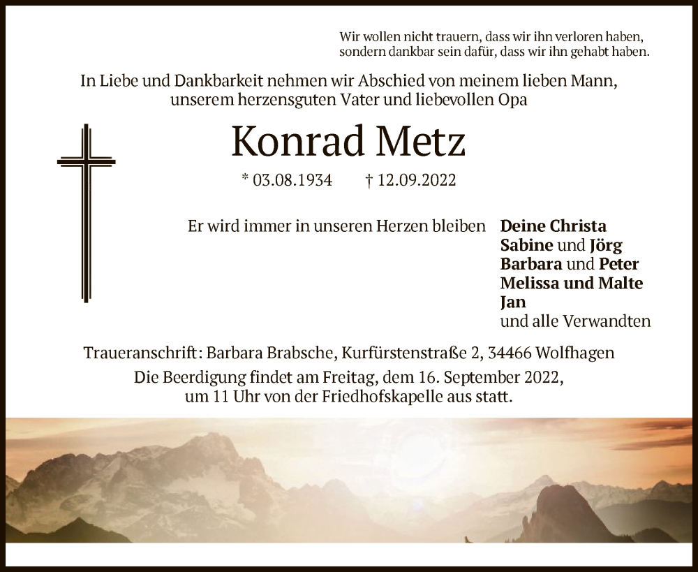  Traueranzeige für Konrad Metz vom 14.09.2022 aus HNA