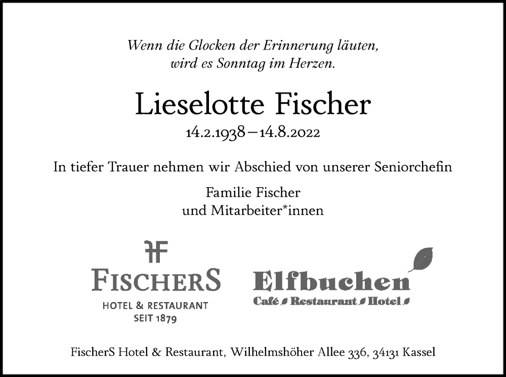  Traueranzeige für Lieselotte Fischer vom 03.09.2022 aus HNA