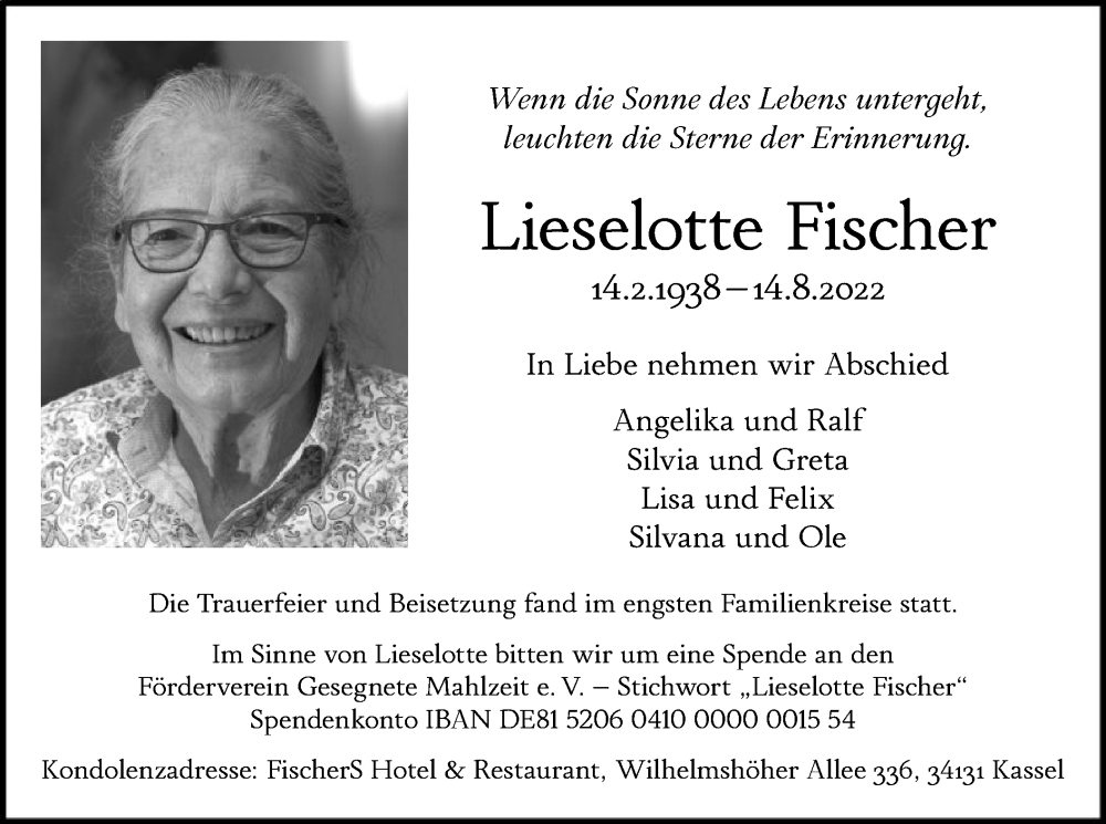  Traueranzeige für Lieselotte Fischer vom 03.09.2022 aus HNA