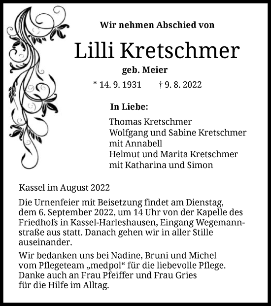 Traueranzeige von Lilli Kretschmer von HNA