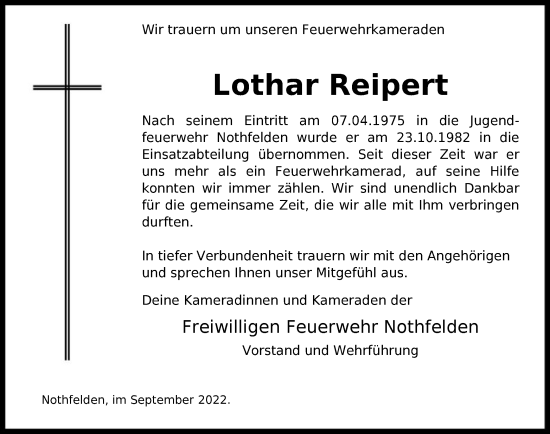 Traueranzeige von Lothar Reipert von HNA