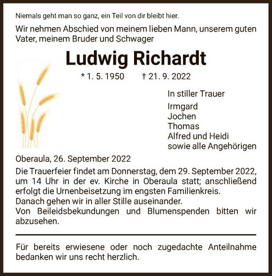 Traueranzeige von Ludwig Richardt von HNA