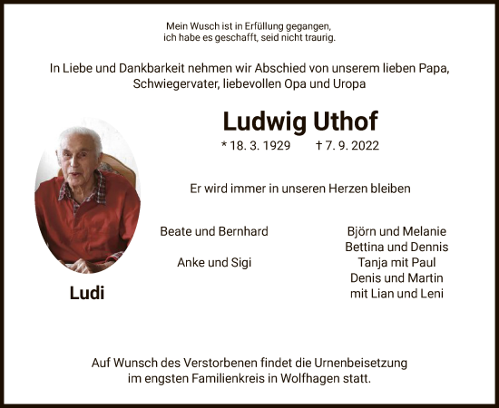 Traueranzeige von Ludwig Uthof von HNA