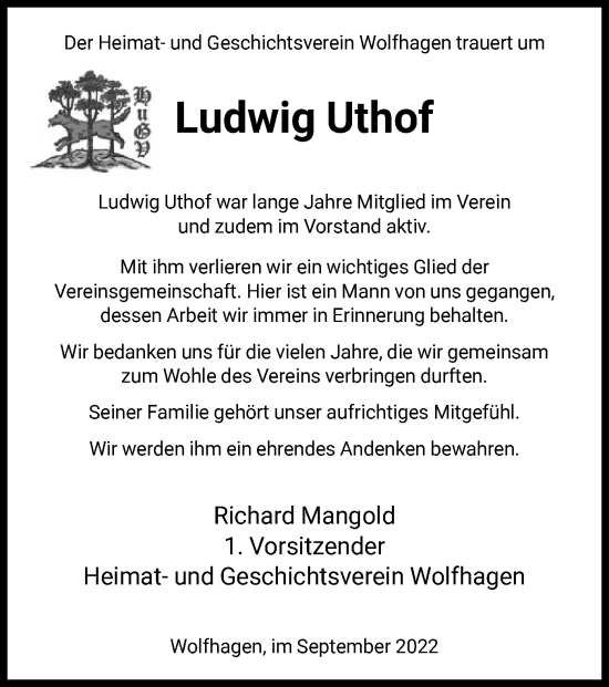 Traueranzeige von Ludwig Uthof von HNA