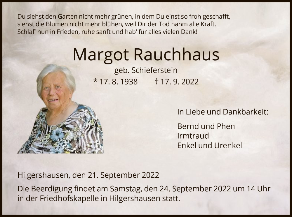  Traueranzeige für Margot Rauchhaus vom 21.09.2022 aus HNA