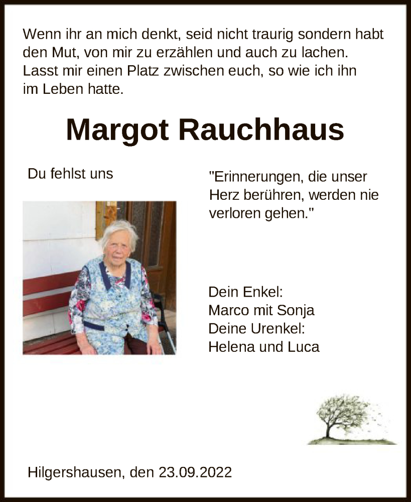  Traueranzeige für Margot Rauchhaus vom 23.09.2022 aus HNA