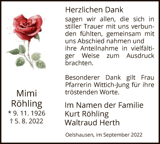 Traueranzeige von Mimi Röhling von HNA