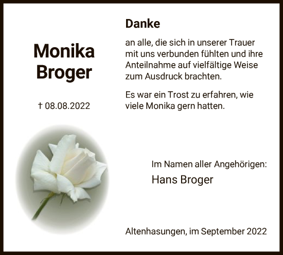 Traueranzeige von Monika Broger von HNA