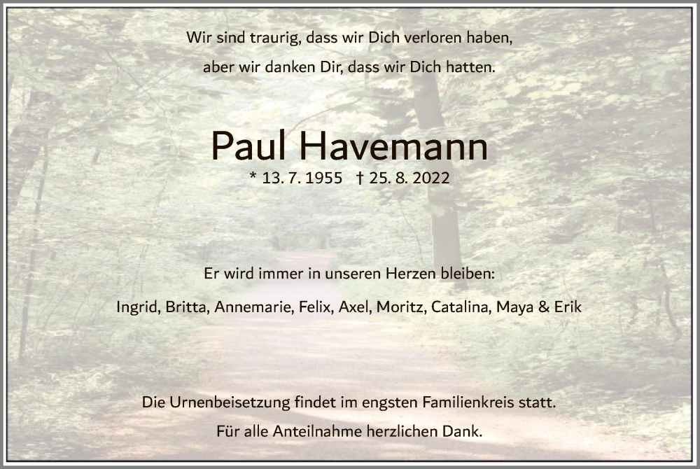  Traueranzeige für Paul Havemann vom 03.09.2022 aus HNA
