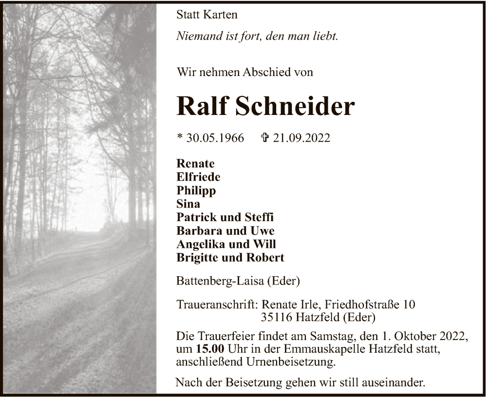  Traueranzeige für Ralf Schneider vom 27.09.2022 aus HNA