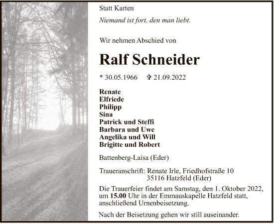 Traueranzeige von Ralf Schneider von HNA