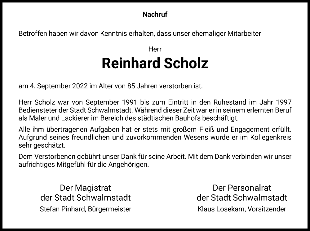  Traueranzeige für Reinhard Scholz vom 26.09.2022 aus HNA