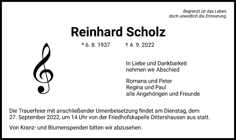  Traueranzeige für Reinhard Scholz vom 23.09.2022 aus HNA