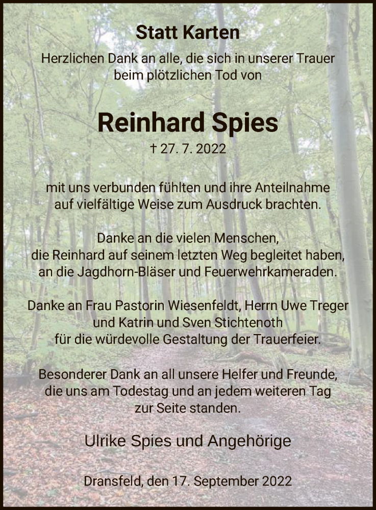  Traueranzeige für Reinhard Spies vom 17.09.2022 aus HNA