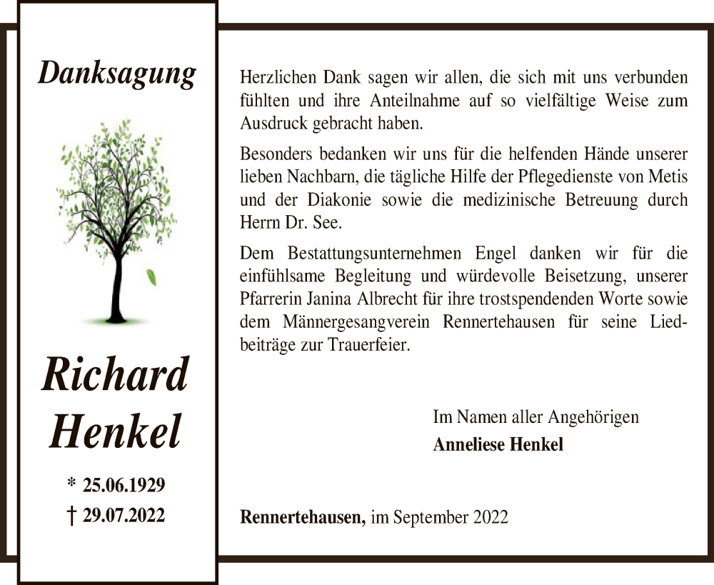  Traueranzeige für Richard Henkel vom 24.09.2022 aus HNA