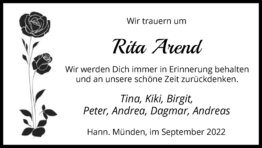  Traueranzeige für Rita Arend vom 10.09.2022 aus HNA