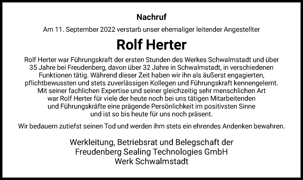  Traueranzeige für Rolf Herter vom 27.09.2022 aus HNA