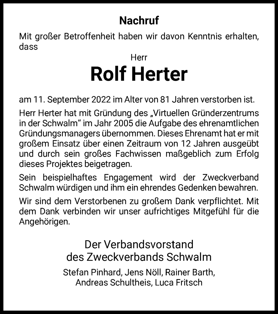  Traueranzeige für Rolf Herter vom 20.09.2022 aus HNA
