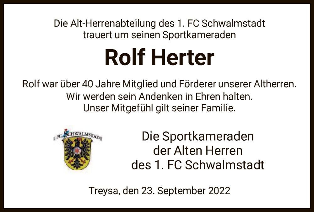  Traueranzeige für Rolf Herter vom 23.09.2022 aus HNA
