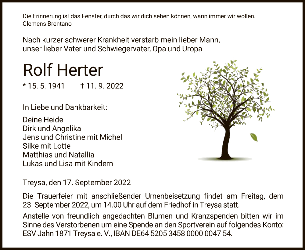  Traueranzeige für Rolf Herter vom 17.09.2022 aus HNA
