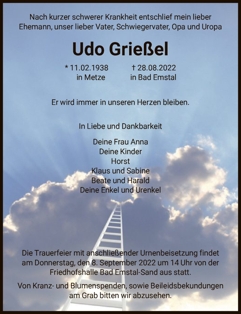  Traueranzeige für Udo Grieße vom 03.09.2022 aus HNA