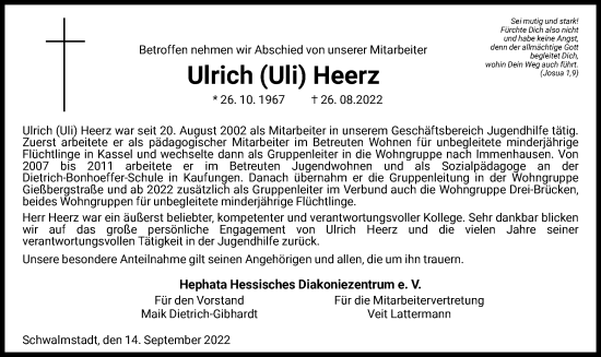 Traueranzeige von Ulrich Heerz von HNA