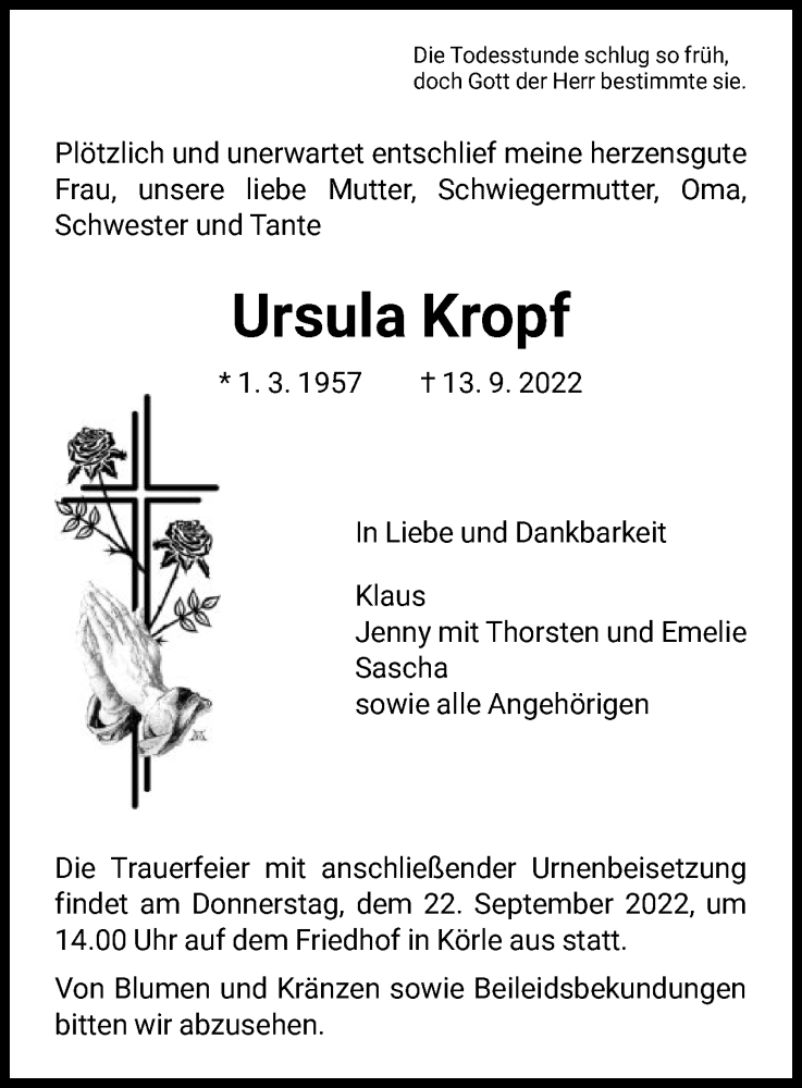  Traueranzeige für Ursula Kropf vom 17.09.2022 aus HNA
