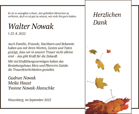 Traueranzeige von Walter Nowak von HNA