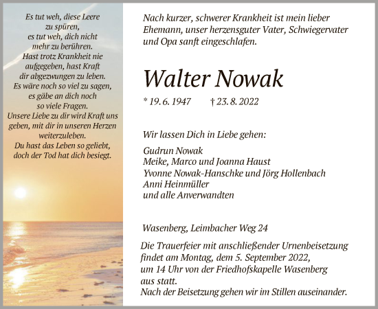 Traueranzeige von Walter Nowak von HNA