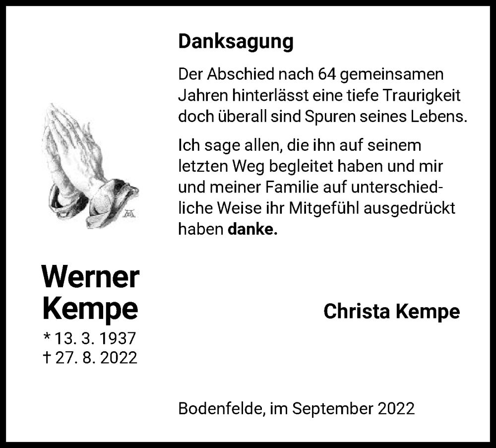  Traueranzeige für Werner Kempe vom 30.09.2022 aus HNA