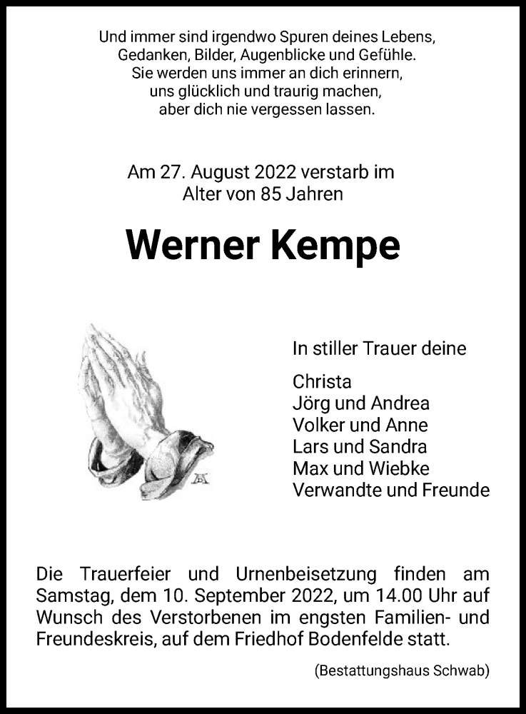  Traueranzeige für Werner Kempe vom 05.09.2022 aus HNA