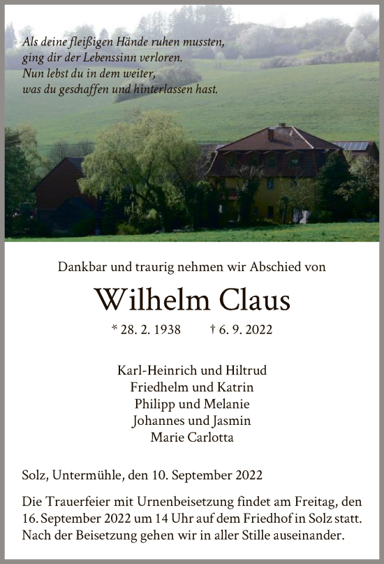 Traueranzeige von Wilhelm Claus von HNA