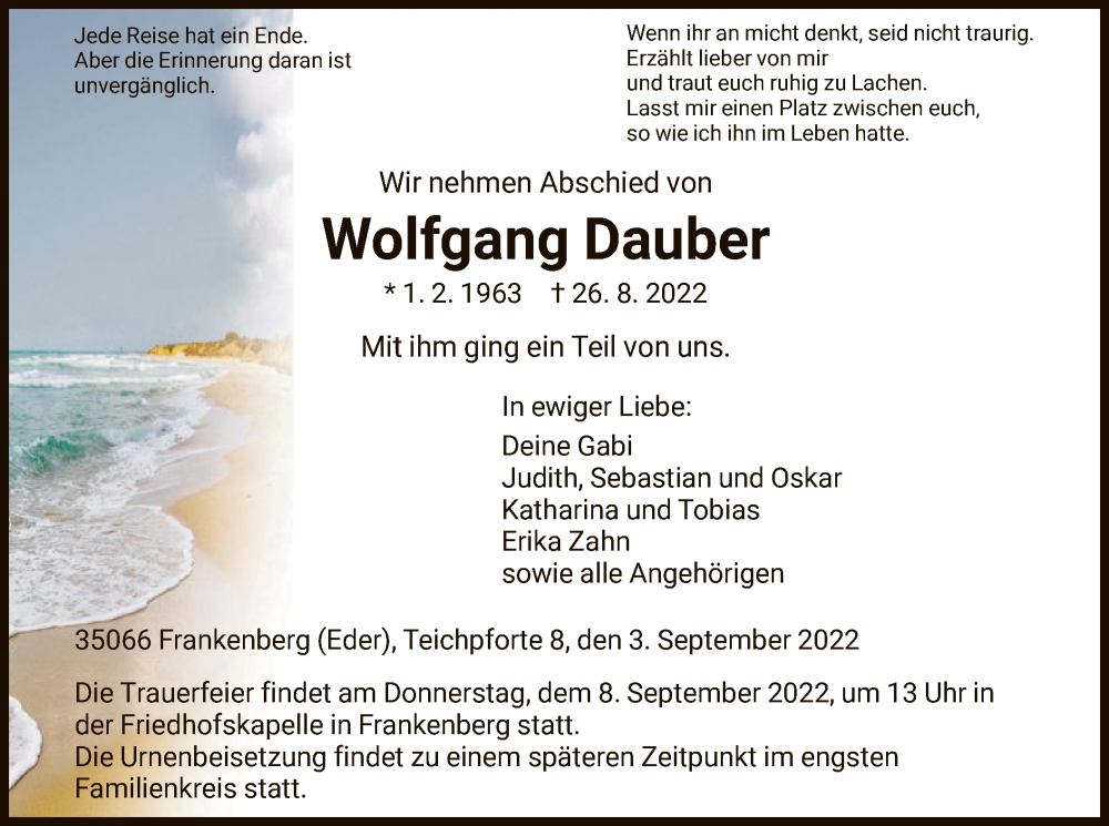  Traueranzeige für Wolfgang Dauber vom 03.09.2022 aus HNA
