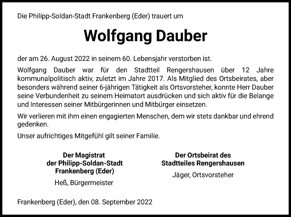  Traueranzeige für Wolfgang Dauber vom 08.09.2022 aus HNA
