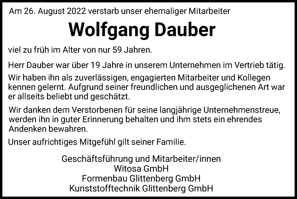  Traueranzeige für Wolfgang Dauber vom 07.09.2022 aus HNA