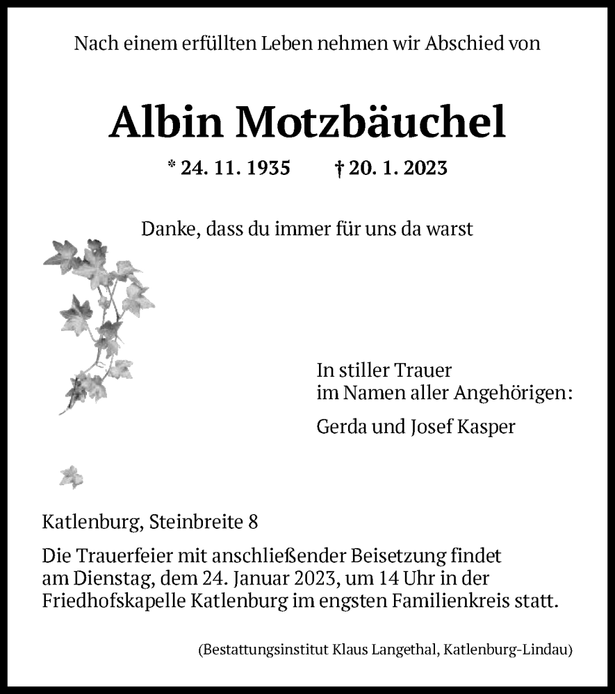  Traueranzeige für Albin Motzbäuchel vom 21.01.2023 aus HNA