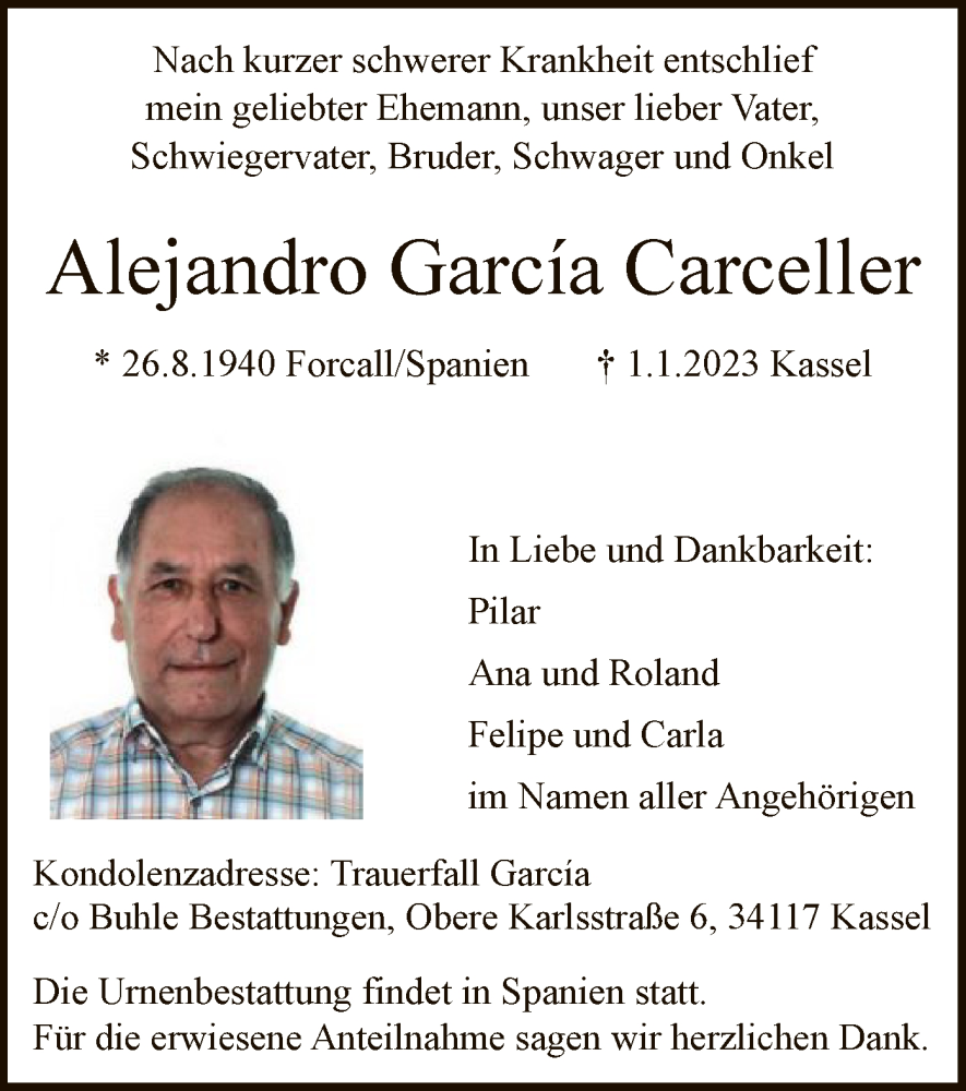  Traueranzeige für Alejandro  Garcia Carceller vom 14.01.2023 aus HNA