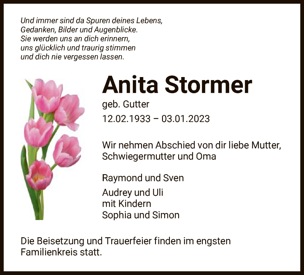  Traueranzeige für Anita Stormer vom 21.01.2023 aus HNA