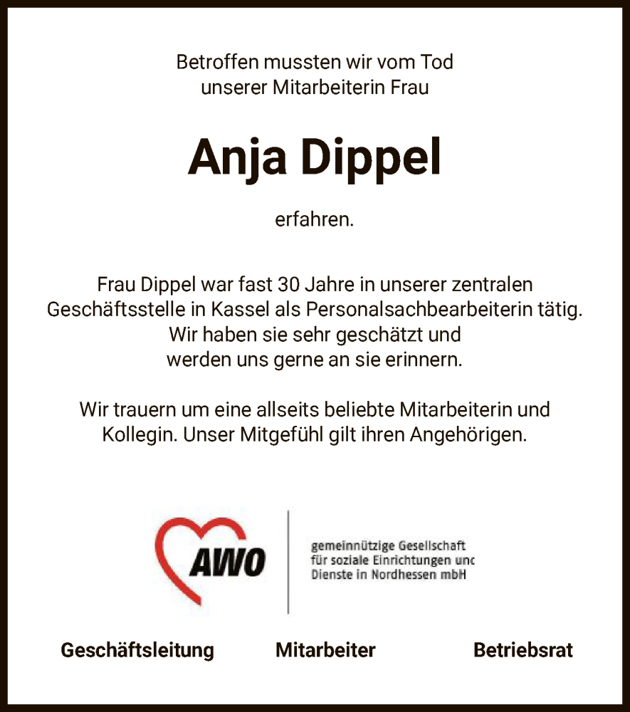  Traueranzeige für Anja Dippel vom 07.01.2023 aus HNA