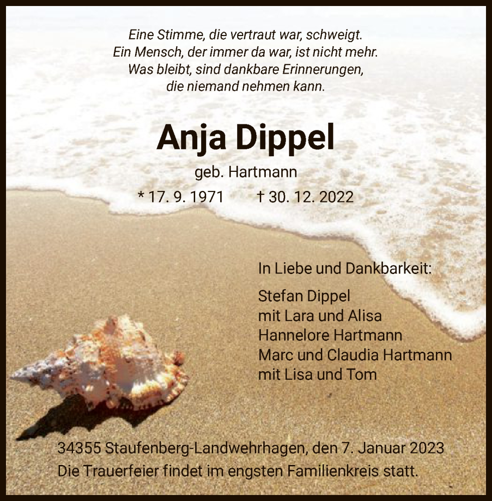  Traueranzeige für Anja Dippel vom 07.01.2023 aus HNA