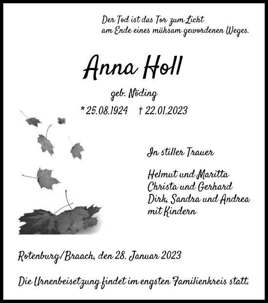 Traueranzeige von Anna Holl von HNA