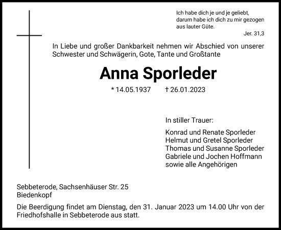 Todesanzeige von Anna Sporleder von HNA