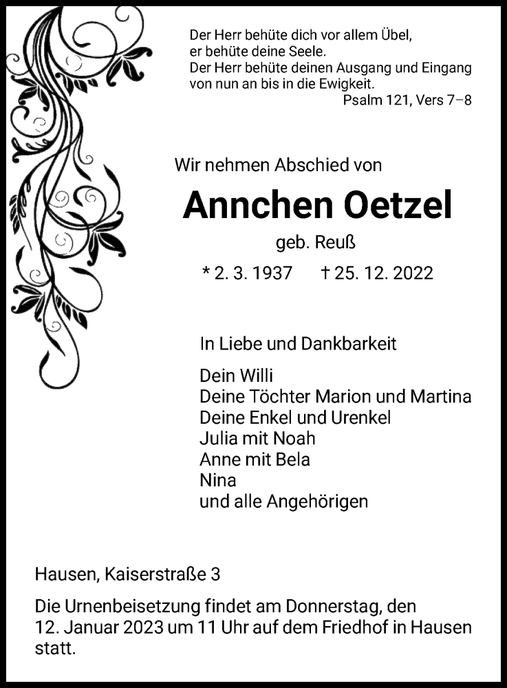  Traueranzeige für Annchen Oetzel vom 07.01.2023 aus HNA