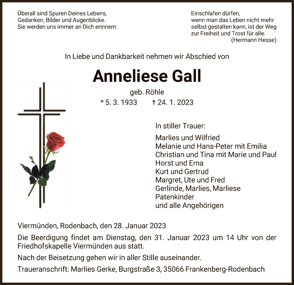  Traueranzeige für Anneliese Gall vom 28.01.2023 aus HNA