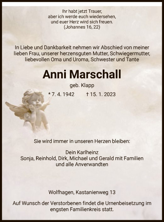 Traueranzeige von Anni Marschall von HNA