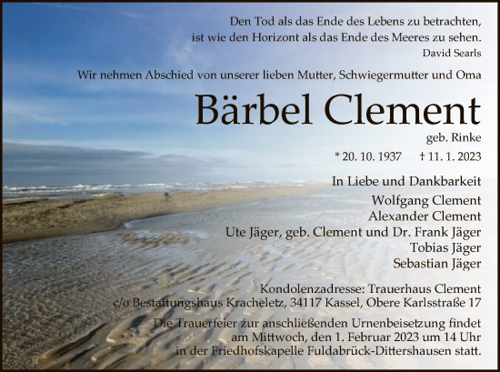 Traueranzeige von Bärbel Clement von HNA