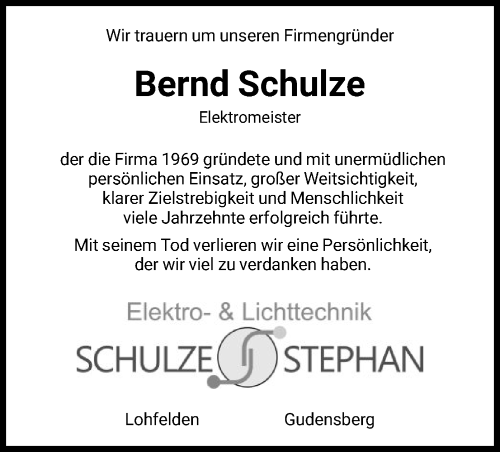  Traueranzeige für Bernd Schulze vom 21.01.2023 aus HNA