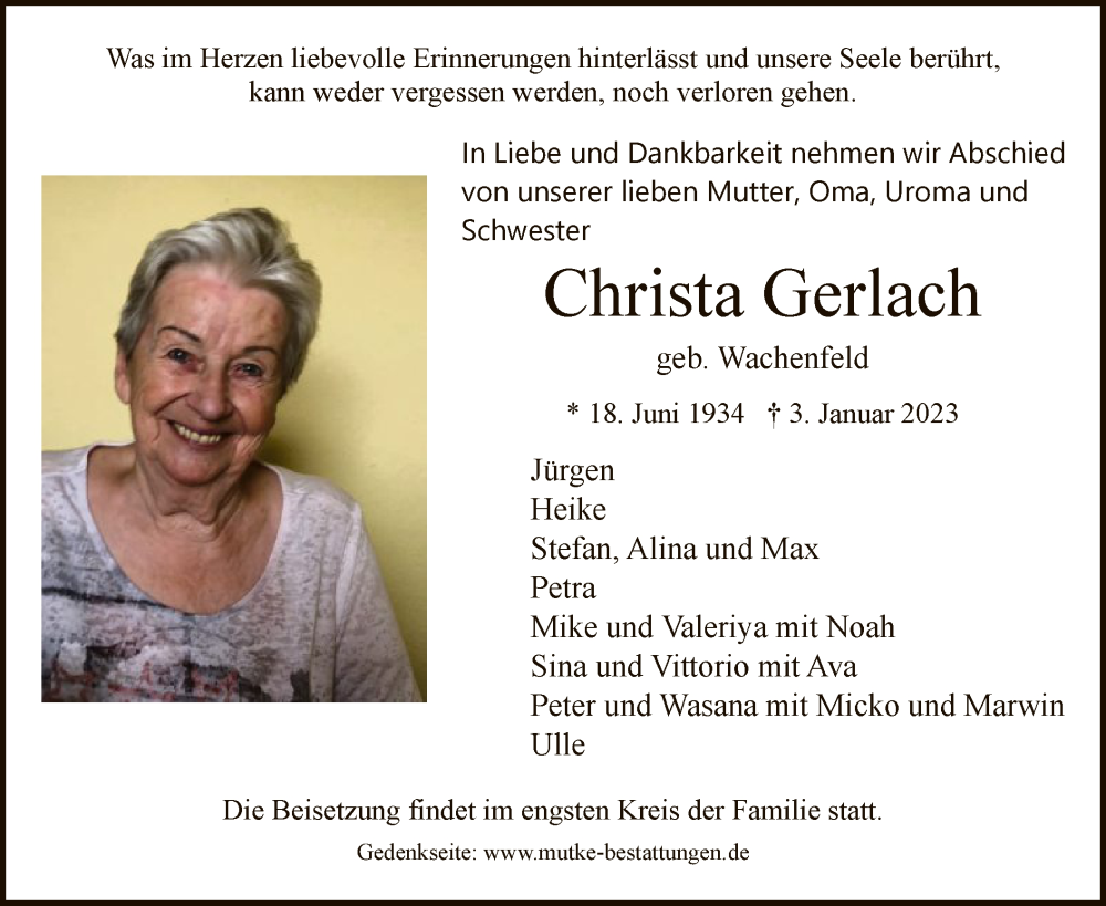 Traueranzeigen von Christa Gerlach | Trauer.HNA.de